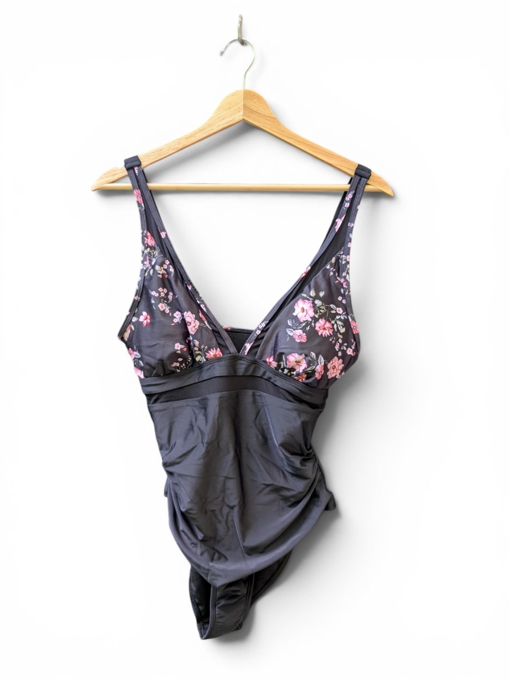 Floral V-Neck One-Piece Swimsuit in Black with Pink Accents